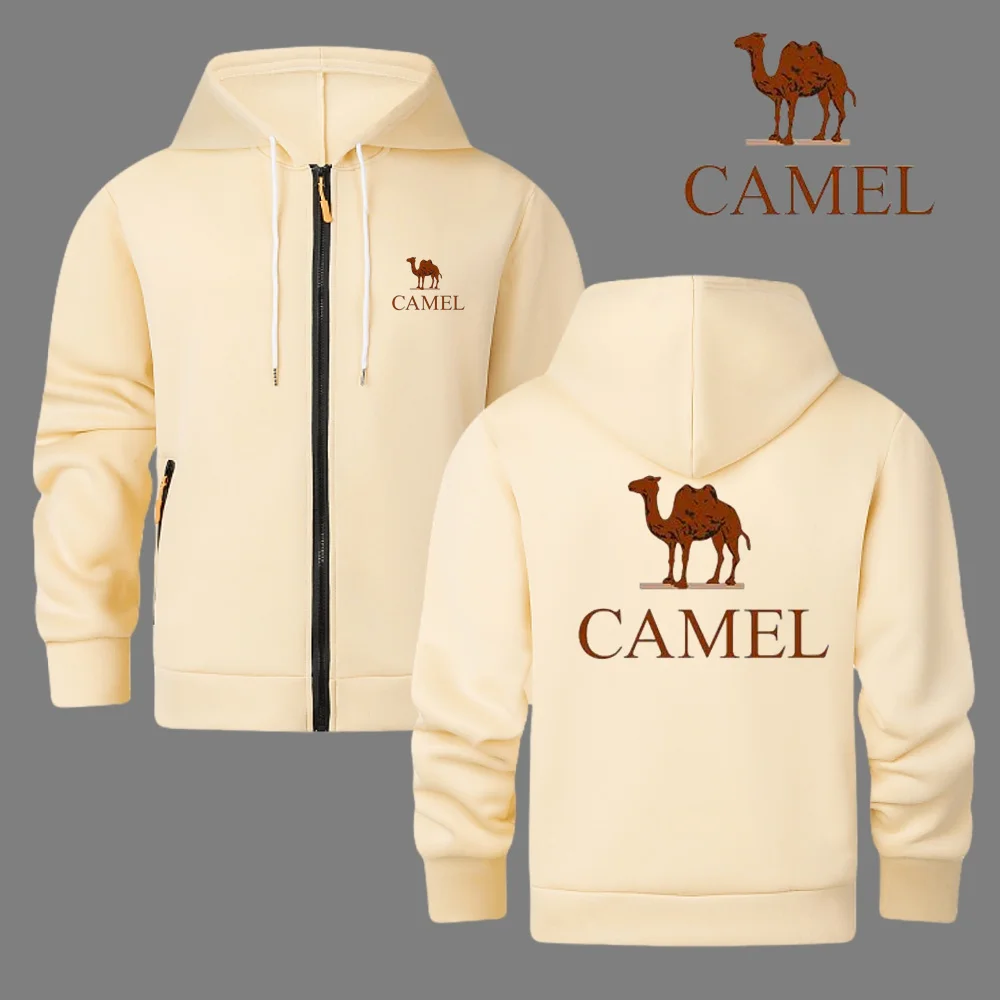 CAMEL brand men's casual sportswear, autumn and winter zipper cardigan, printed wool jacket, warm hoodie