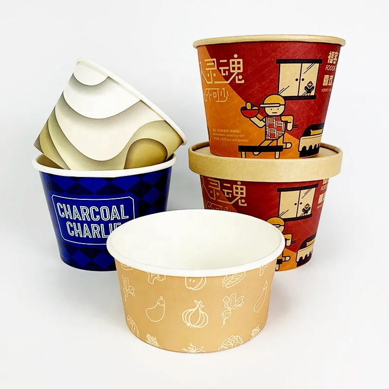 Customized productTake Away Disposable 500ml 750ml 1000ml Double PE Coated Fruit Noodle Soup Ice Rice Salad Paper Bowl Wit