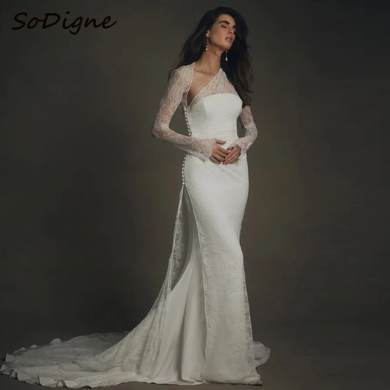 

SoDigne Mermaid Boho Wedding Dresses Full Sleeves Lace Bridal Dress Long Beach 2025 Wedding Gown Robe De Mairee ﻿Customized