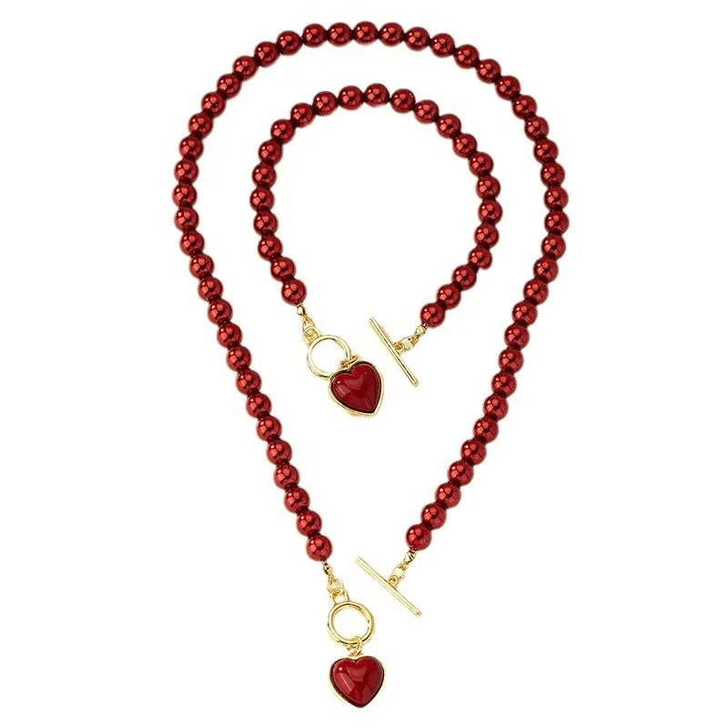 Women's Elegant Simulated Pearl Heart Necklace Bracelet Set