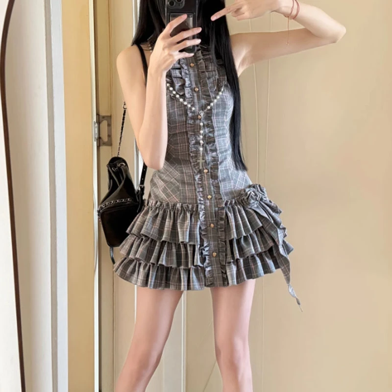 

Y2k Aesthetic Plaid 3D Flower Dress Summer Women Preppy Style Sleeveless Ruffled Mini Dresses Harajuku Grunge Pleated Vestidos