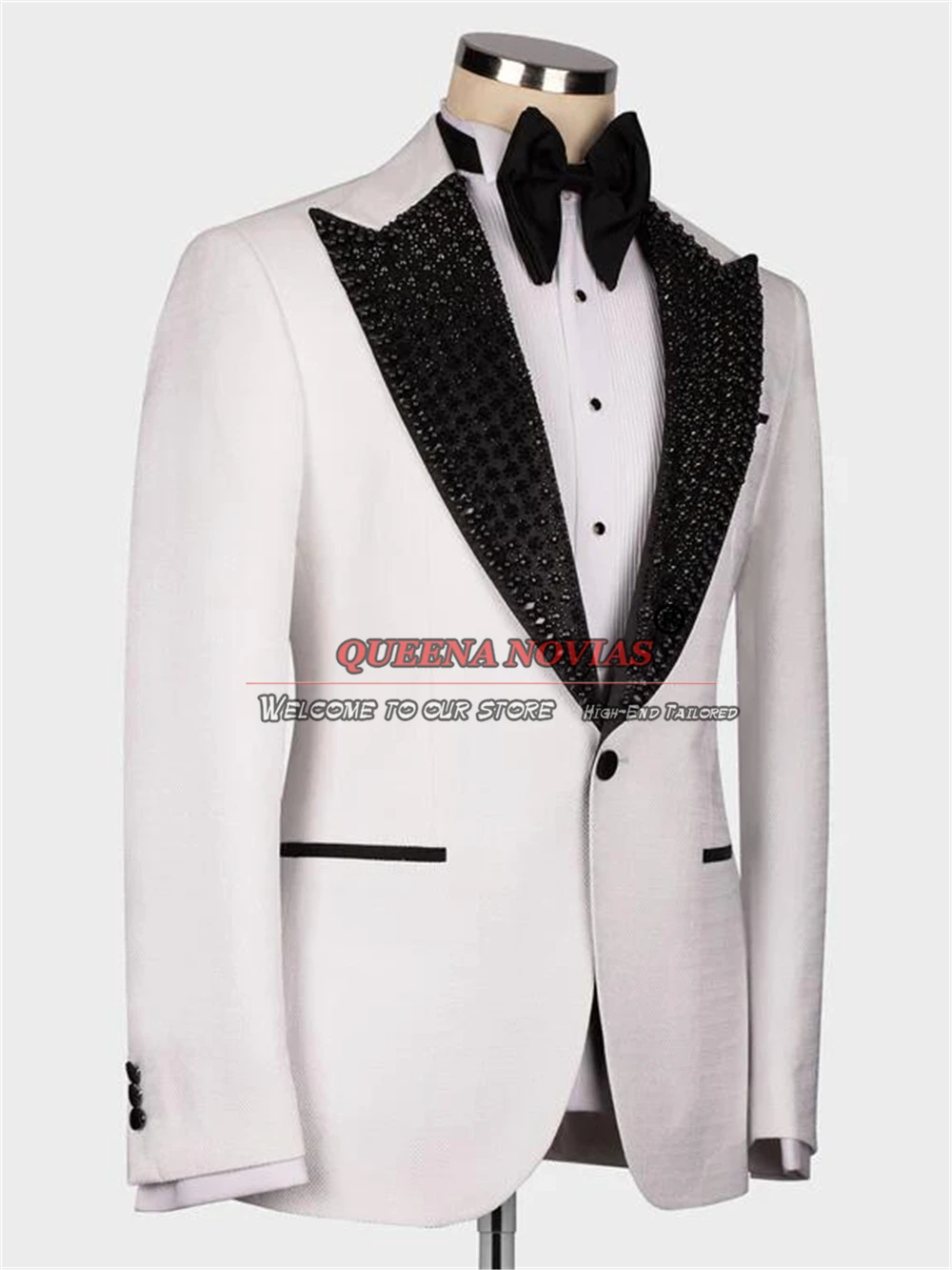 Handmade Pearls Beaded Suits Men 3 Pieces Sets Black Notched Lapel Groom Wedding Tuxedos Customized SIngle Breasted Prom Blazers