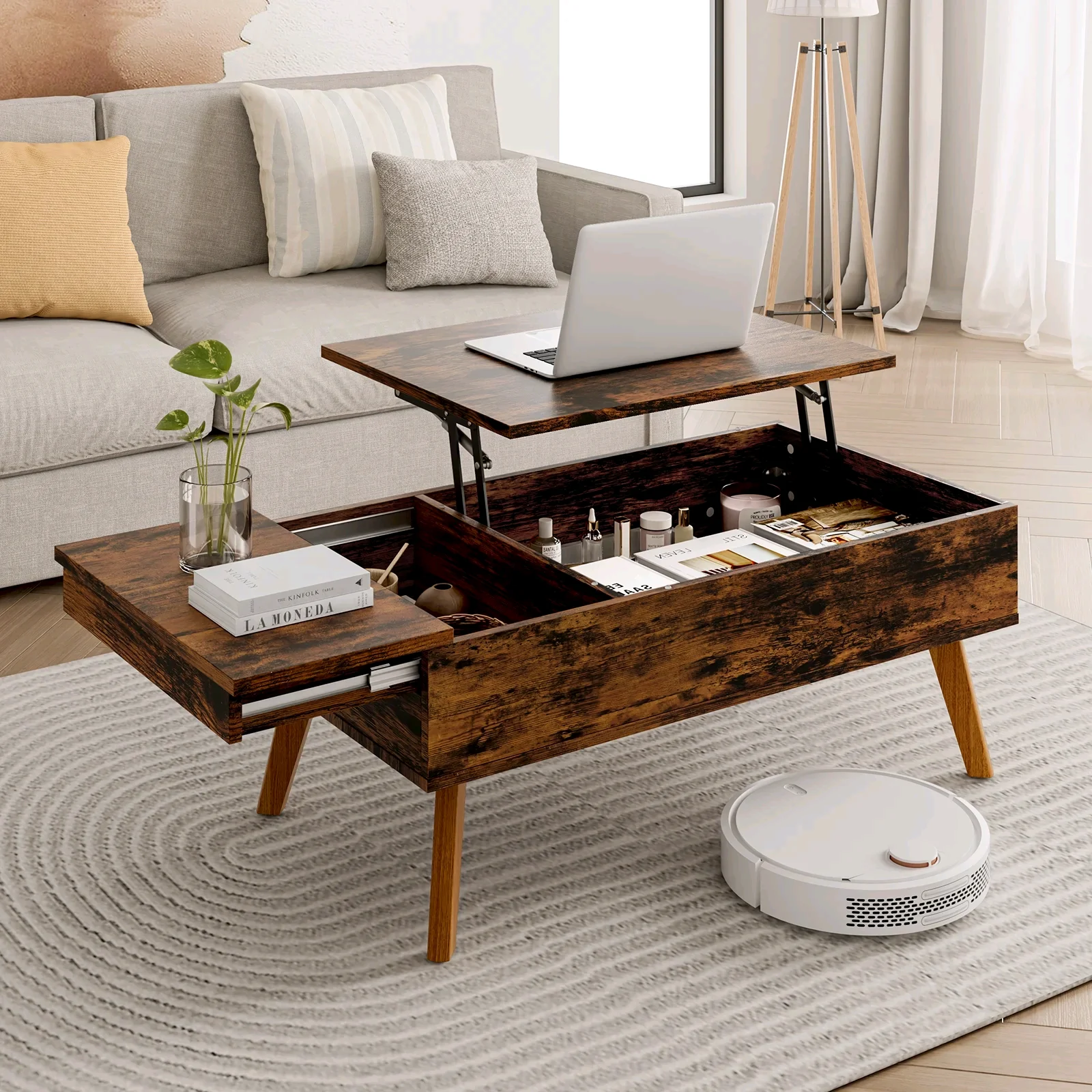 

！@Combohome Adjustable Wooden Lift Top Tea Modern Simple Style Coffee Tables Living Room Furniture Table