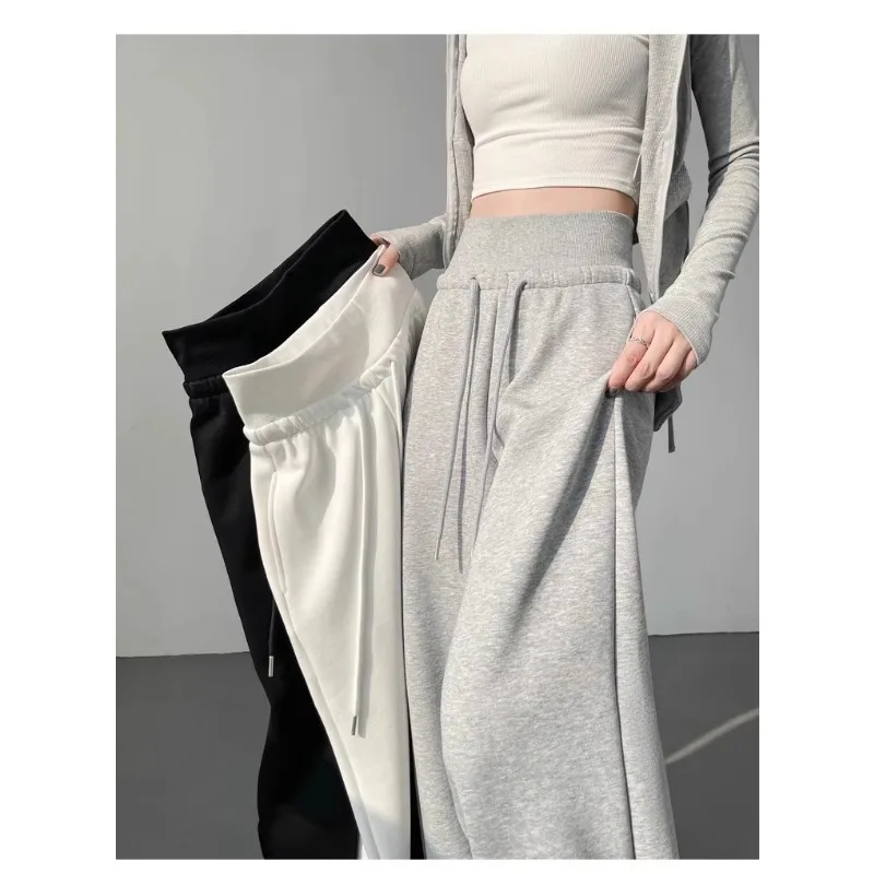 Women High Waist Drawstring Wide Leg Sweatpants Casual Loose Solid Color Straight Trousers Soft Sports Jogger Pants Streetwear