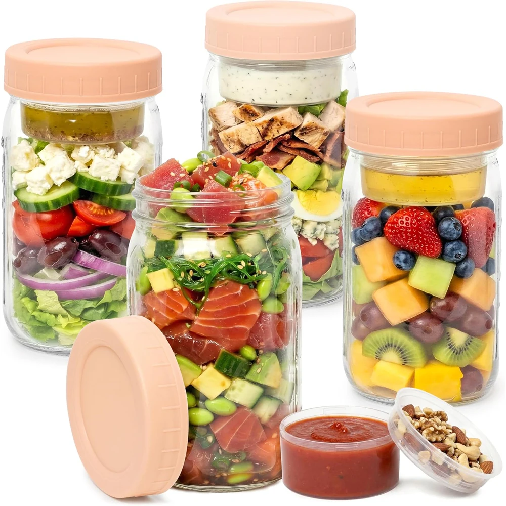 Meal Prep Jar Salad - ガラス製サラダジャー、蓋付き、食事準備用、漏れ防止容器、ウェット/ドライ分離用の小さなカップ2個内蔵、サラダ用