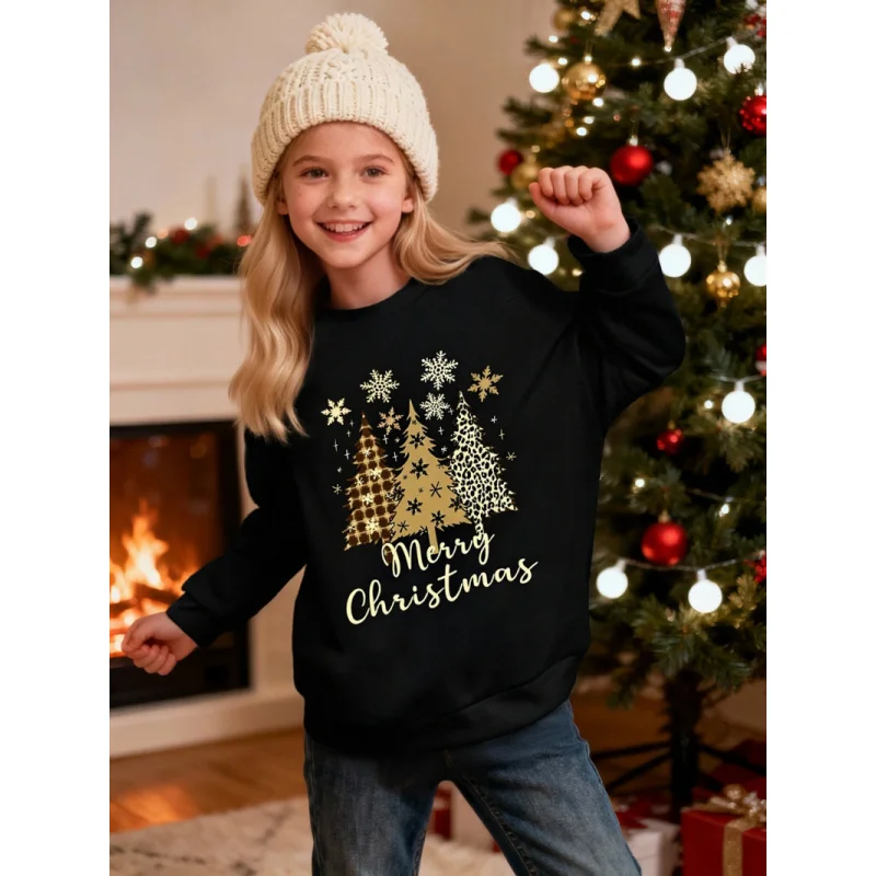 

Girls' Black Christmas Sweatshirt 2026 Kids' Festive Top with Gold Christmas Tree And Snowflake Print round Neck Long Sleeve