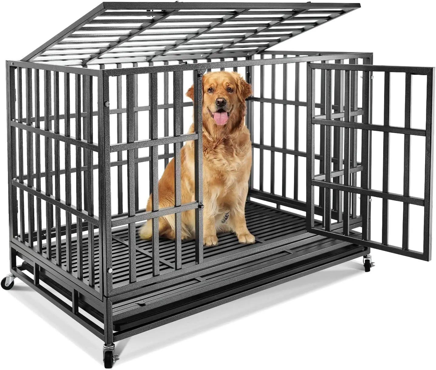 Confote 47 Inch Heavy Duty Dog Crate Metal Cage Kennel, High Anxiety Pet Cage with Lockable Wheels & Double Doors for Medium Lar