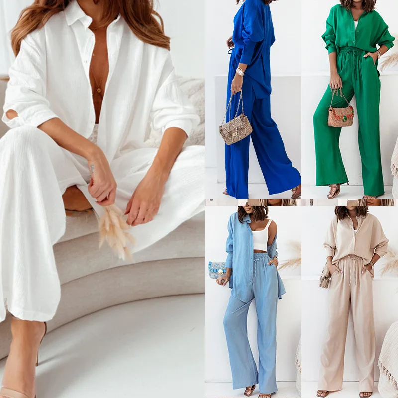 Women\'s Trousers Suit New Casual Shirt Suit Simple Solid Color Half Open Collar Shirt High Waist Trousers Two-piece Set