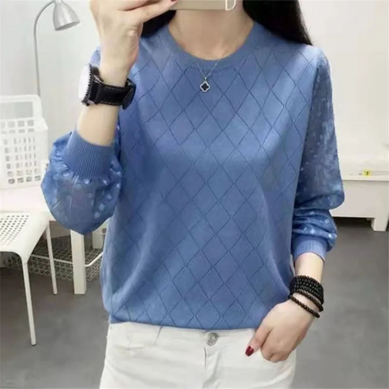 Fashion Plaid Pullover Tops Autumn Winter Thin Sweaters For Women Hollow Mesh Round Neck Long Sleeve Knitwear Pull Femme