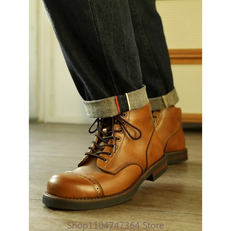 

Мужские ботинки в американском ретро-стиле из натуральной кожи на толстой подошве, классические высокие ботинки челси с круглым носком на шнуровке для походов