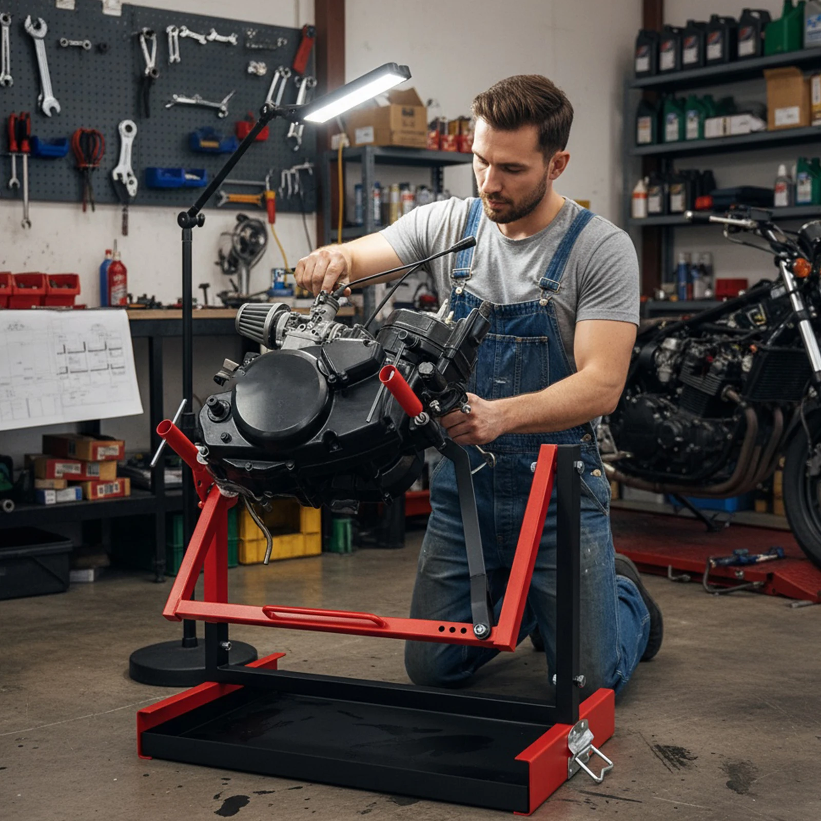 

Стойка для ремонта мотоциклетных двигателей, легко собираемая, регулируемая, для вертикальных одноцилиндровых 2- или 4-тактных двигателей