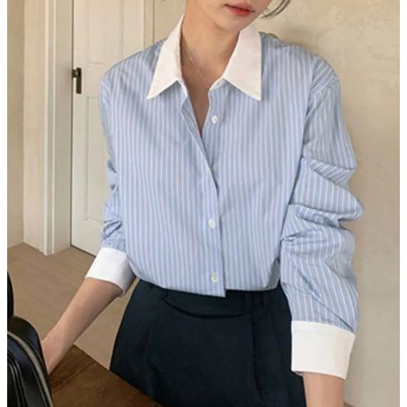 Deeptown Basic Striped Women\'s Shirt Long Sleeve Loose Button Blouse Korean Fashion Old Money Style Casual Office Lady Spring