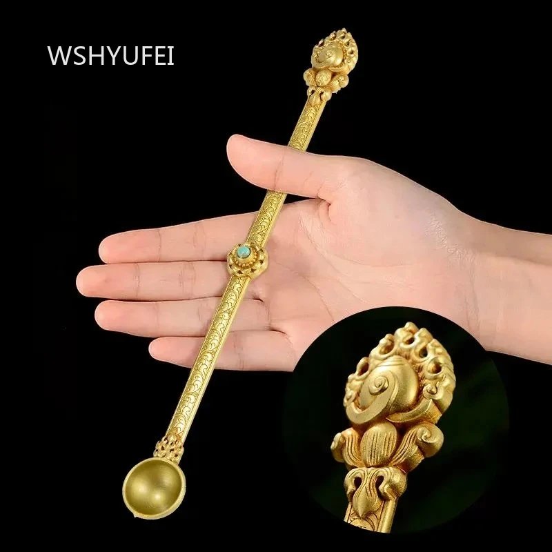 الذهب البوذية ملعقة مطعمة جوهرة سبيكة الحرف اليدوية البوذية التبتية كوزع البخور الدخان ملعقة المنزل هدية جمع ديكور