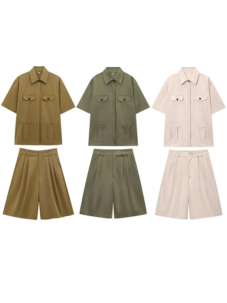 

HH Женская мода с лацканами и карманами на пуговицах, украшенные рубашки с короткими рукавами + застежка-молния с высокой талией, повседневные тонкие шорты, комплект из 2 предметов
