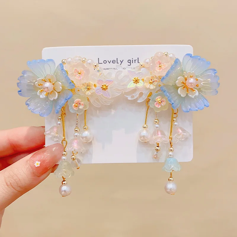 Детский головной убор Hanfu, древний костюм, заколка для волос в китайском стиле с кисточками, аксессуары принцессы для девочек, заколка для волос для девочек