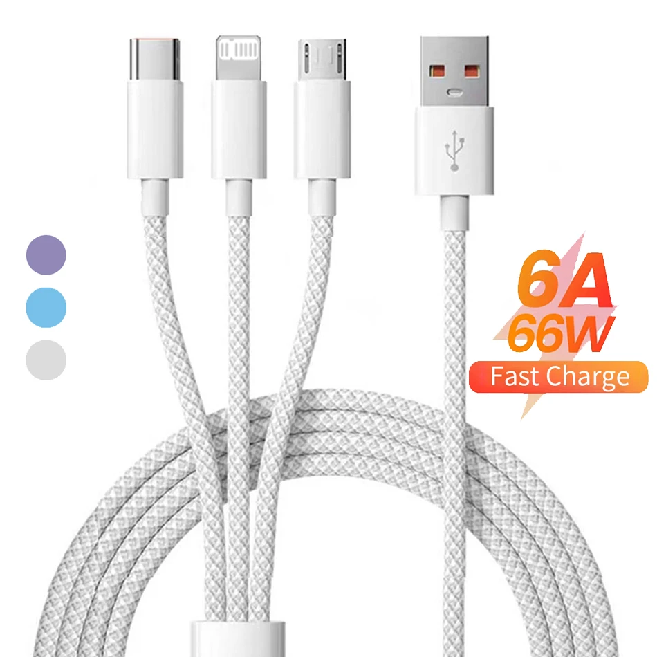 66W 3 In 1 Fast Charging Cable 6A Micro USB Type C Data Cable For Xiaomi Super Fast Charger Nylon Braid Cable 1.2M/2M/3M