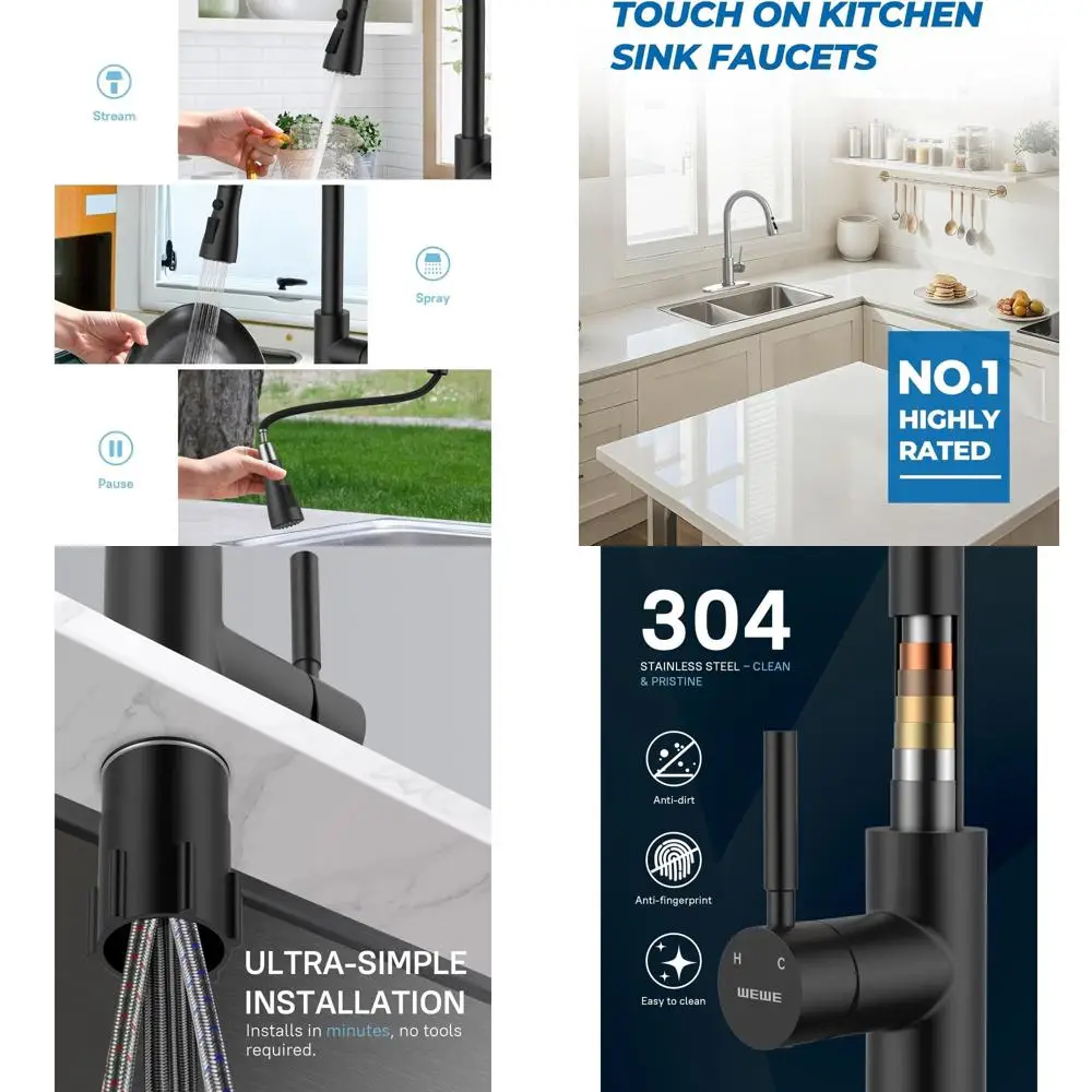 

Stainless Steel Single-Handle Pull-Down Spray Kitchen Faucet, Matte Black, 1-Hole for Home, RV, and Commercial Use
