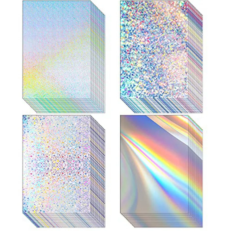 100 Sheets Metallic Holographic Card Stock Shiny Iridescent Mirror Paper Sheets A4 Size Mixed Color Paper