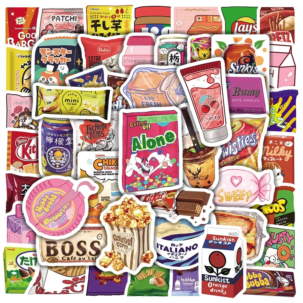 50Pcs Cartoon Snacks Food Graffiti Stickers Pack Waterproof Laptop Phone Bike Motorcycle Car Decal Sticker for Kids Toys