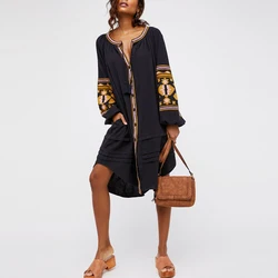 TEELYNN Boho Beach dress 2025 autumn cotton floral embroidery large lantern long sleeve o-neck loose Hippie women dresses Autumn