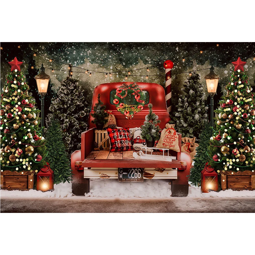 Merry Christmas ภาพฉากหลังรถบรรทุกสีแดงคริสต์มาสต้นไม้ฤดูหนาวพื้นหลังการถ่ายภาพ Snow Pine Forest วันเกิด Portrait Studio Prop