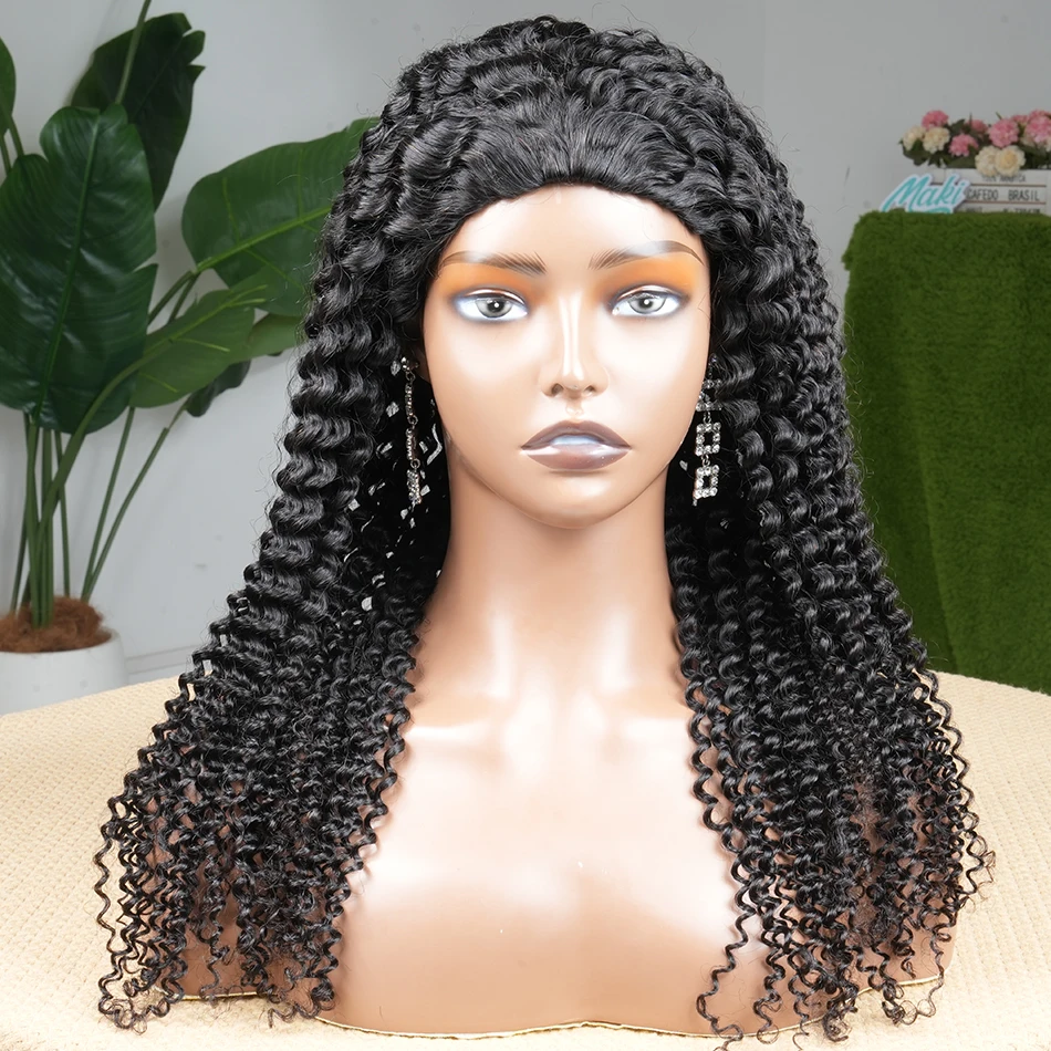 Kinky Curly 200% Density 3 IN 1 Half Wig Human Hair Drawstring Invisible Pre-cut Pre-plucked Seamless Clip Ins Wear And Go Wigs