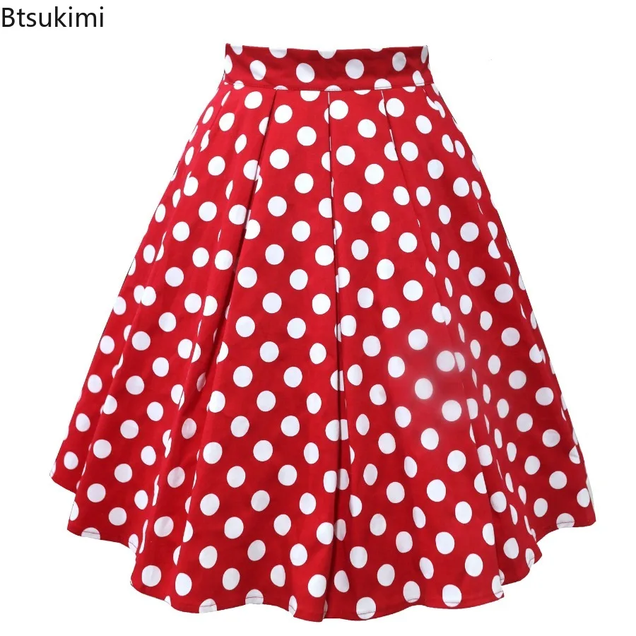 

New 2025 Vintage Style Women's Skirt High Waist Cotton Casual Oversized Skirts Daily Polka Dot A-line Pleated Large Swing Skirt