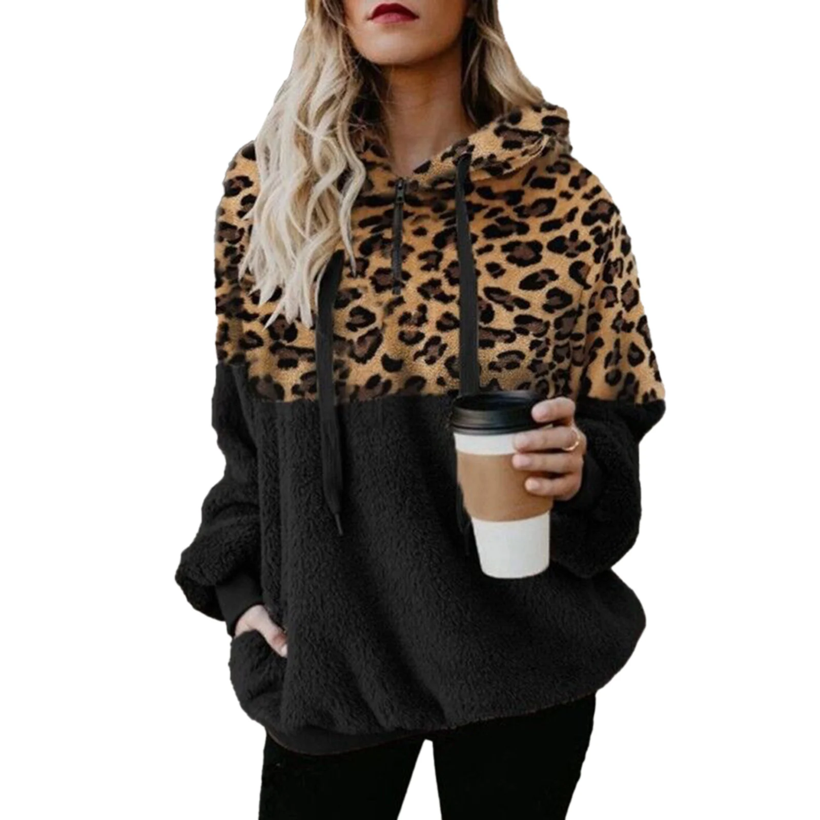 Women Leopard Print Plush Sweatshirt Hoodie With Pockets Drawstring Hood Women\'s Tops