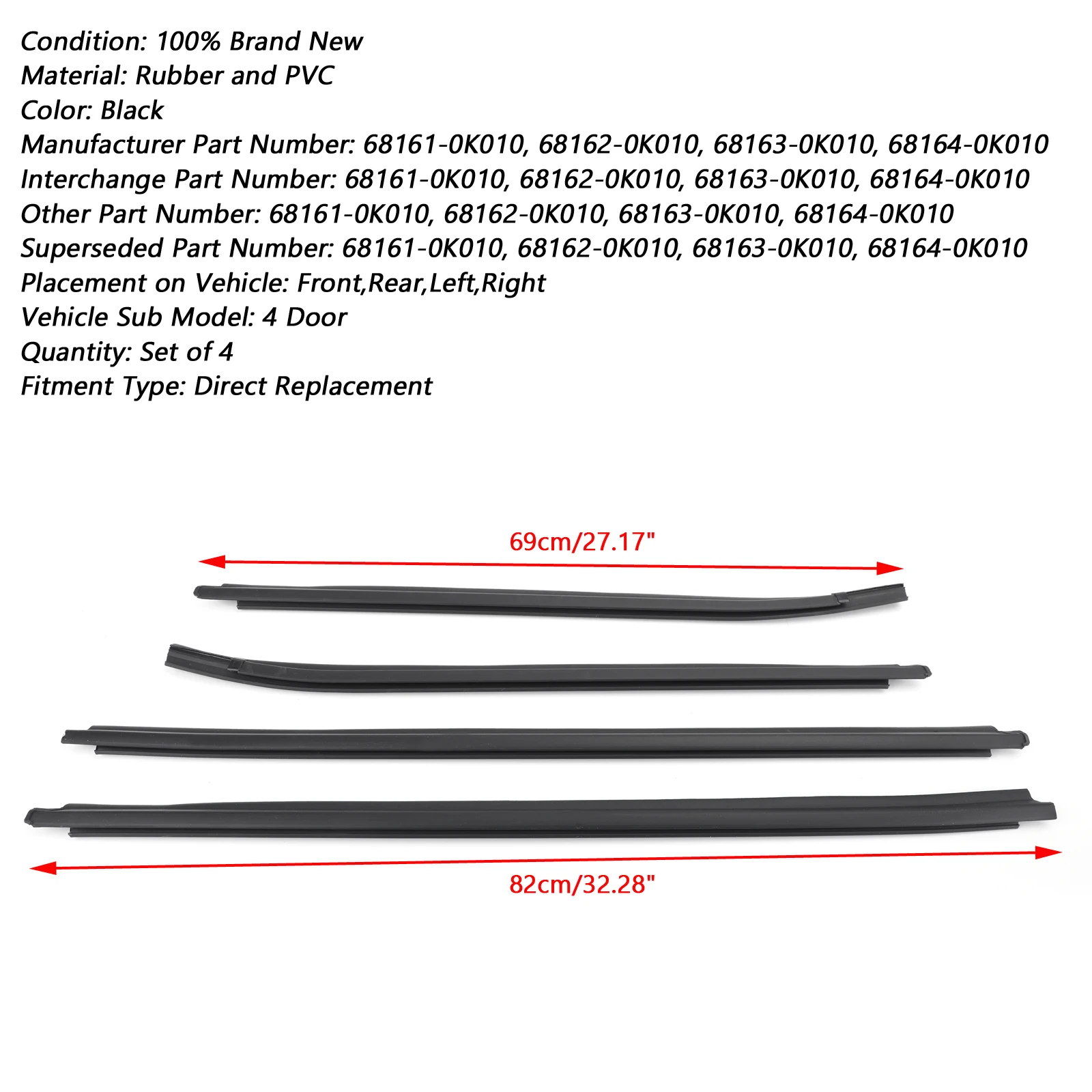 Weatherstrip 4 Door Rubber Seal for Toyota Hilux KUN26 KUN36 GGN25 TGN16 TGN36  SR5 VIGO MK6 PICKUP 68161-0K010