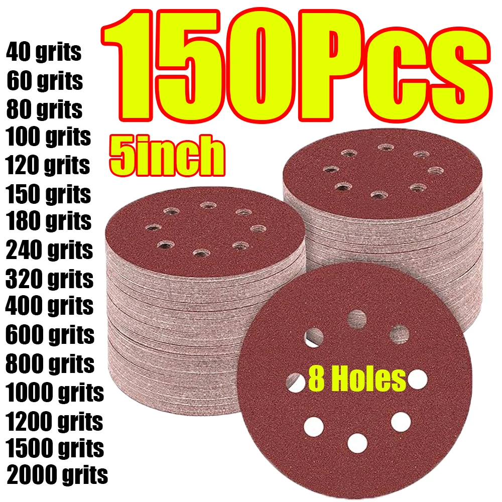 

1-150 шт. 8-отверстные шлифовальные диски 5 дюймов (125 мм), круглые наждачные бумаги зернистостью 40-2000, для шлифовки дерева и нефрита, абразивный полировальный инструмент