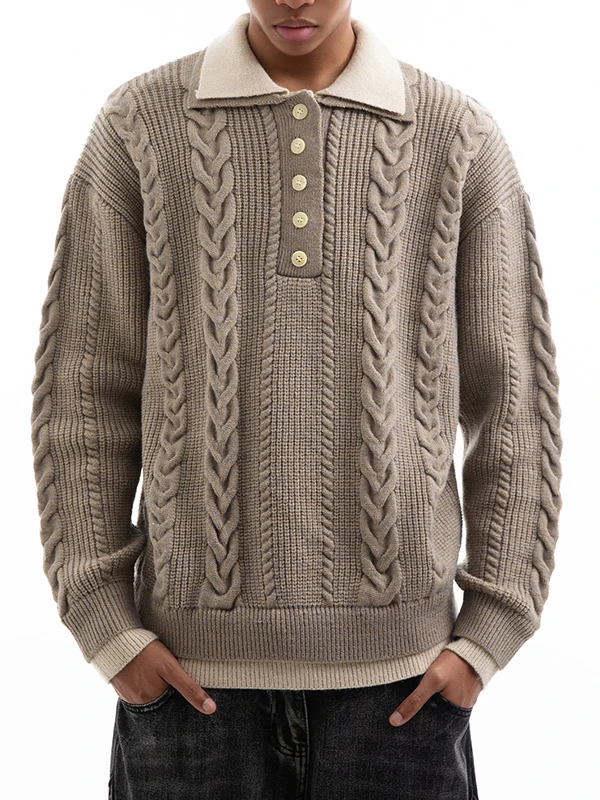 

Мужской вязаный свитер с воротником на пуговицах, фактурное плетение, осенне-зимняя повседневная одежда, полиэстер, удлиненный рукав, средней плотности