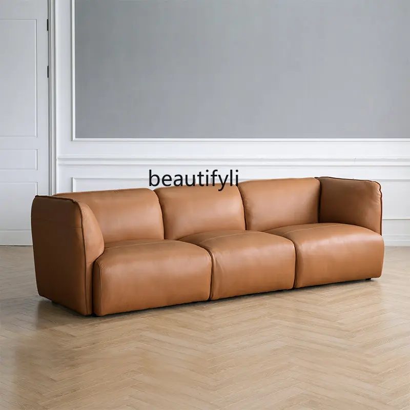 Furniture Leather Sofa First Layer Cowhide Italian Minimalist Modern Light Luxury Living Room Full Leather Sofa  modern sofa