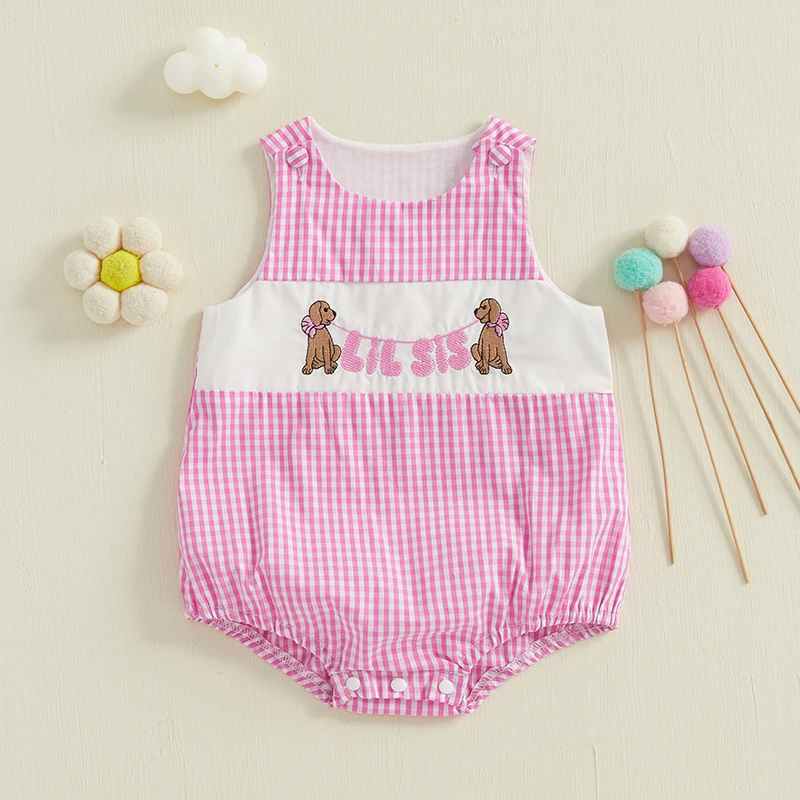 0-24Months Newborn Baby Girl Romper Summer Sleeveless Round Neck Dog Embroidery Plaid Print Jumpsuit Infant Bodysuits Clothes