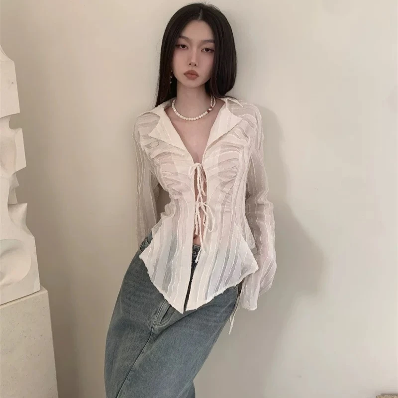 Deeptown Fairycore Lace Up Women Blouse Long Sleeve New Turn Down Collar Shirts Feminina Ladies Cropped Tops Korean Fashion Chic