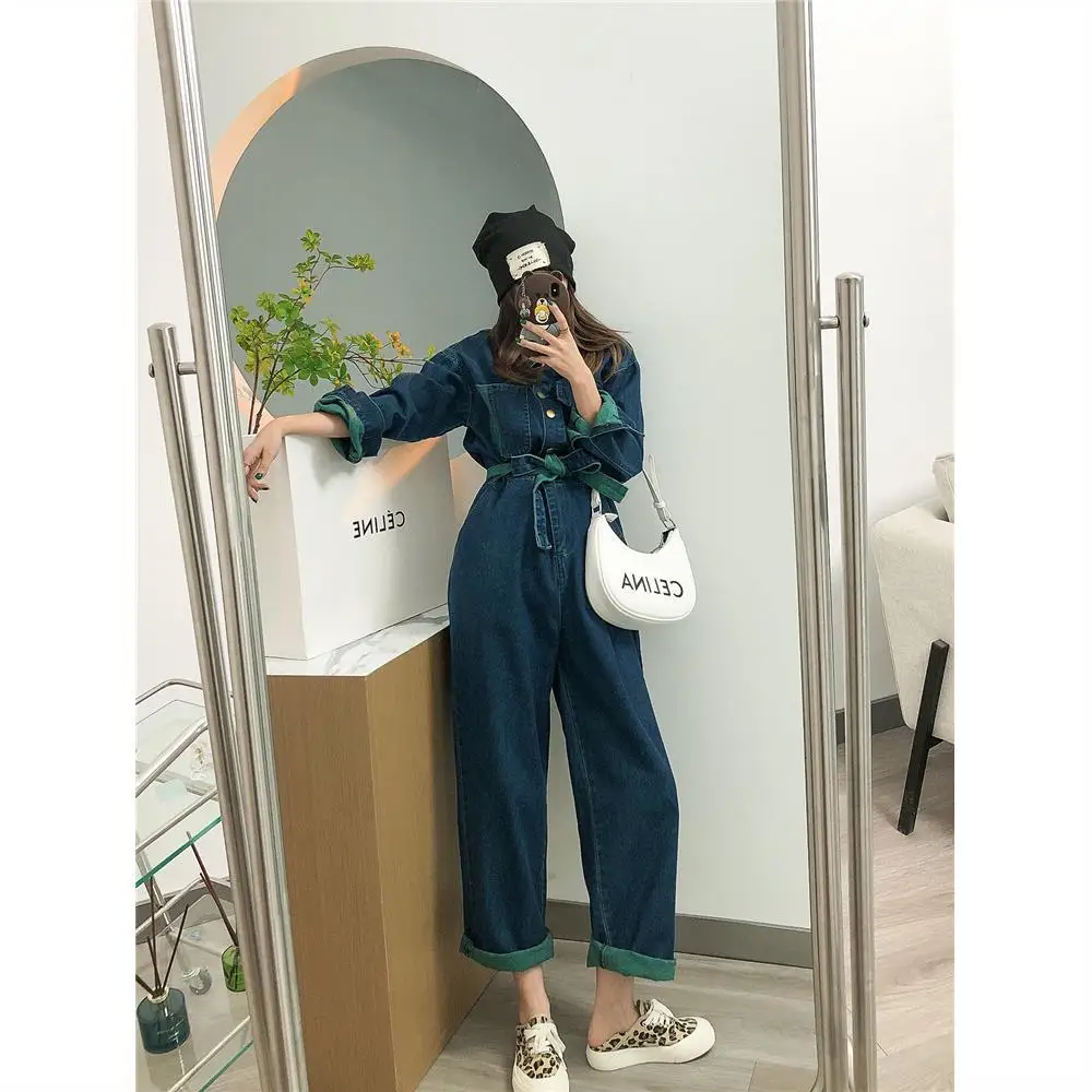 Jumpsuit Women Autumn Spring 2022 Korean Fashion Casual Patchwork Canvas Full Length High Waist Cargo Pants Girls Jumpsuit