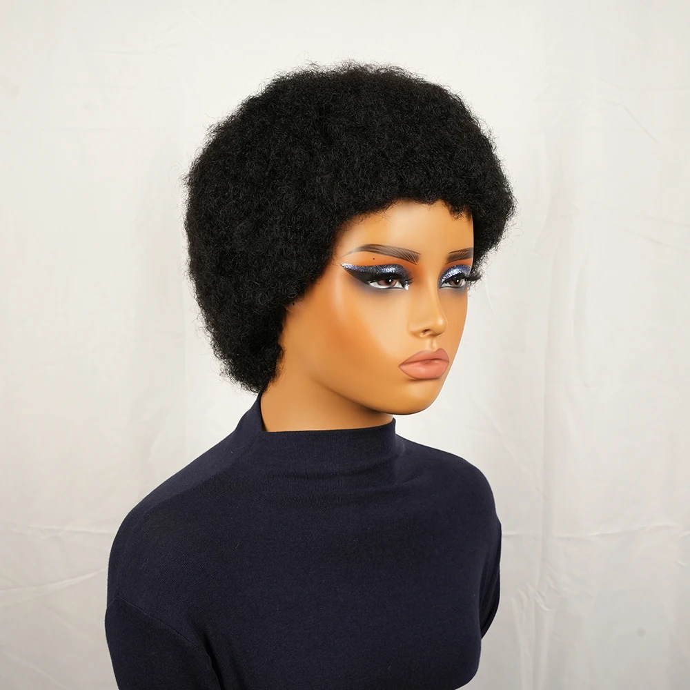 흑인 여성용 짧은 아프로 곱슬머리 픽시컷 가발, 브라질산 인모 가발, 풀머신메이드 캡, 데일리 착용, 180% 밀도