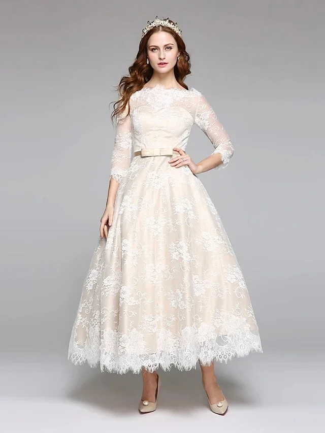 

A-Line Champagne Wedding Dress 2025 Bateau Neck Tea Length Lace Half Illusion Sleeve Casual Boho Bridal Gown Robe De Mariage