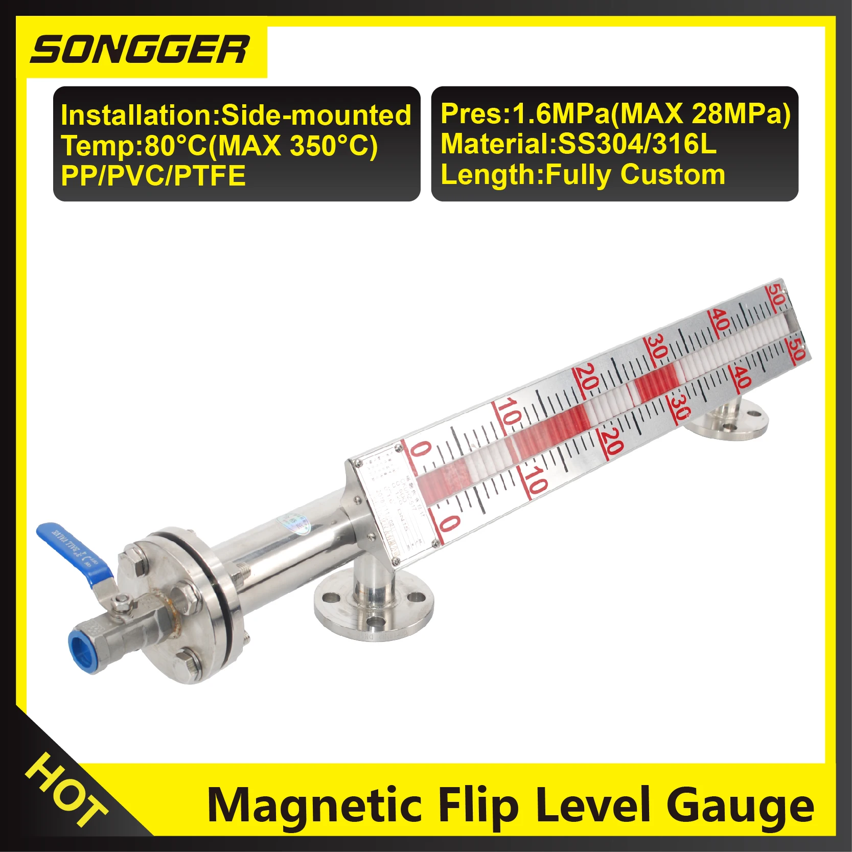 4-20mA Stainless Steel Side Mounted Transmitter UHZ-517 Magnetic Flip Level Gauge Magnetic Float Level Indicator