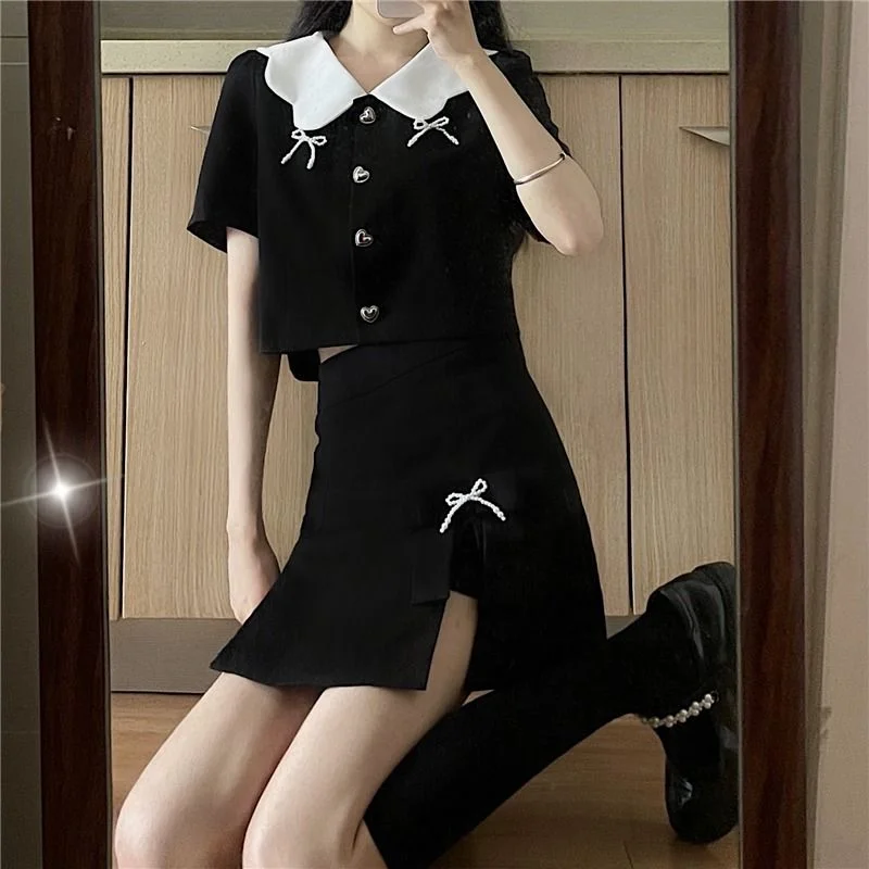 

Female Outfits Short Bow Tie Slit Kawaii Mini Women's Skirt Two Piece Set Korea Clothing Trend 2025 New In Promotion Stylish