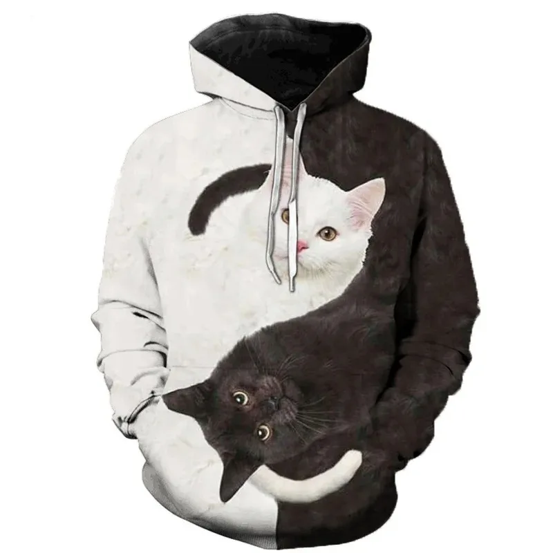 

2025 New Fashionable Black and White Cat 3D Hooded Sweatshirt for Men and Women Casual Street Wear Plus Size