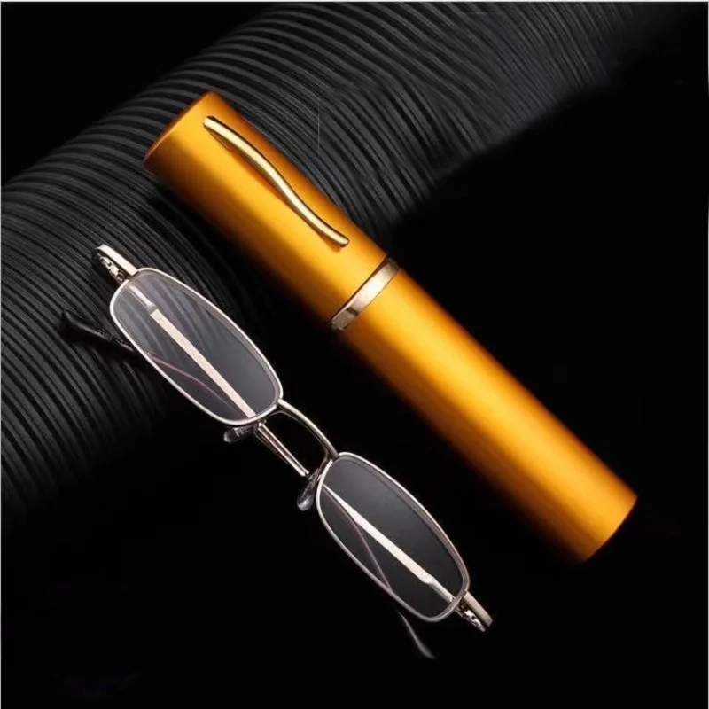 Mai Blume Gold Lesebrille Mit Fall Tragbare Brillen Rahmen Mini Stift Fall Männer Frauen Klapp Brillen