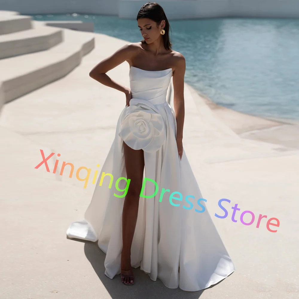 Charming Pleats Corset Satin Wedding Dress Sexy Strapless High Slit Bridal Gowns Sleeveless Zipper Back Vestidos De Novia