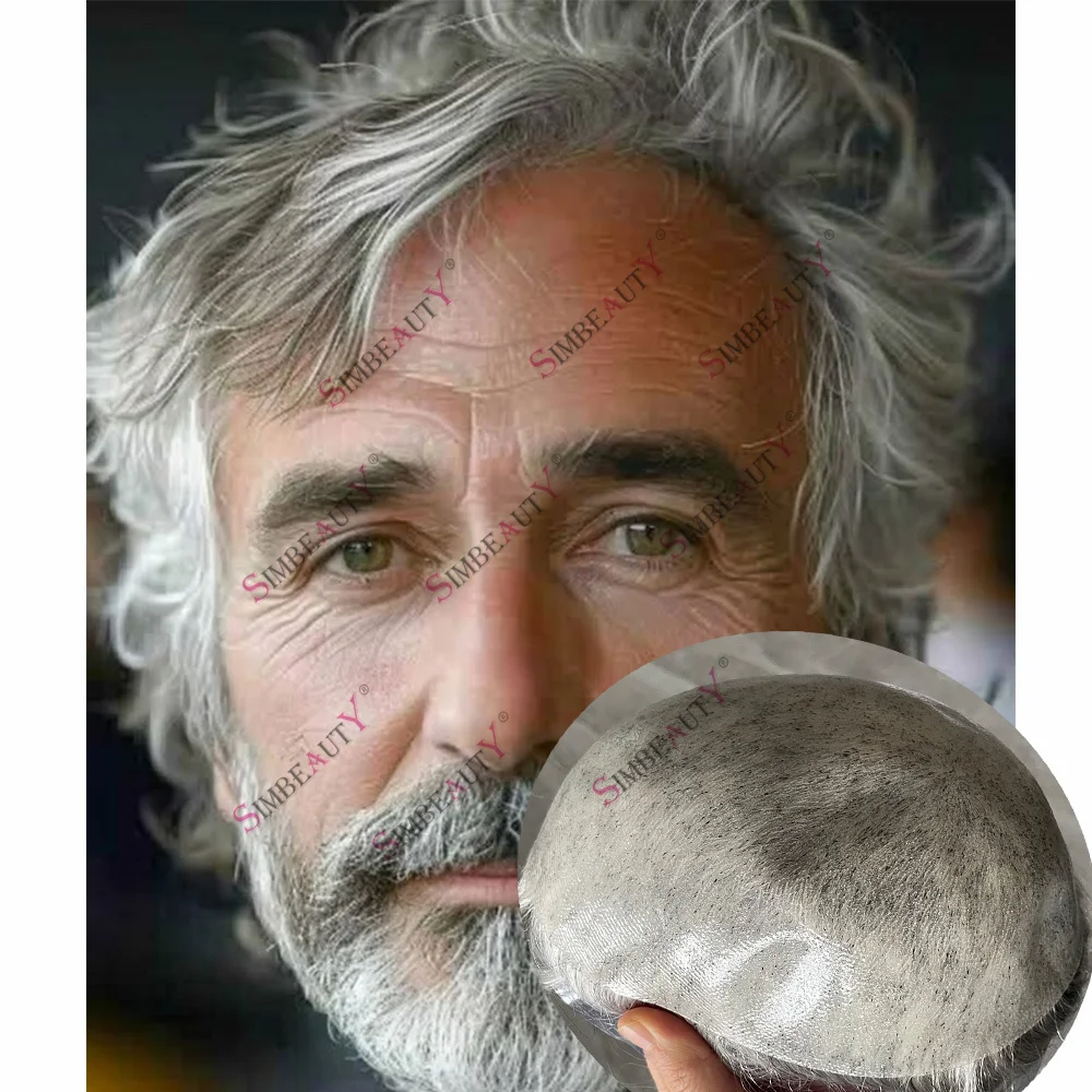 Super Durable 0.1mm Injected Male Hair Prosthesis Thin Skin Toupee Grey Human Hair Old Men's Capillary Prothesis For Hair Loss