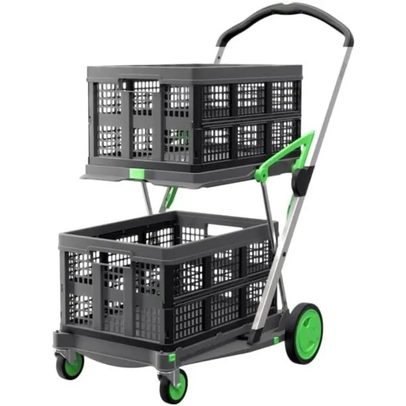 

Multi Use Functional Collapsible Carts Mobile Folding Trolley Storage Cart Wagon Shopping Cart with 2 Storage Crates (Green)