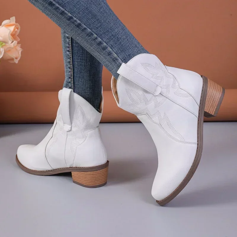 Women\'s Retro Embroidery Western Boots Autumn Winter PU Leather Cowboy Boots Female Thick Heels Pointed Toe Mid-Calf Botas 2024