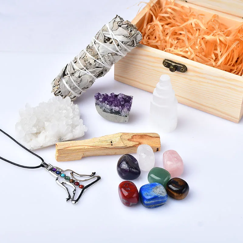 1Set Natural Amethyst Chakra Gift Box Amethyst Raw Stone Treatment Gem Decoration Selenite Health Healing Crystals Ornament Suit