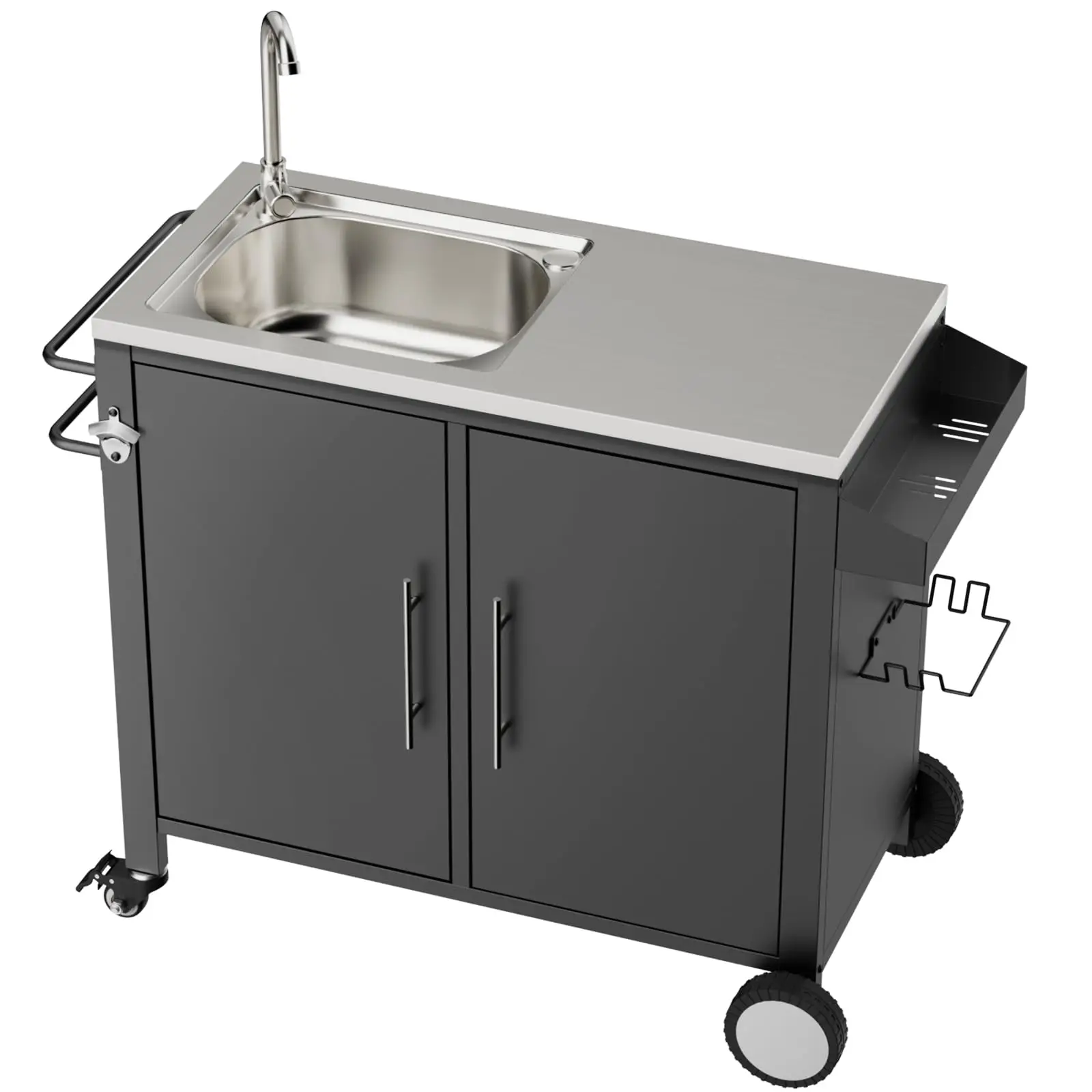 Outdoor Grill Table with 304 Stainl Steel Sink and Storage Cabinet, Mobile Grill Cart with Lockable Wheels, Spice Rack