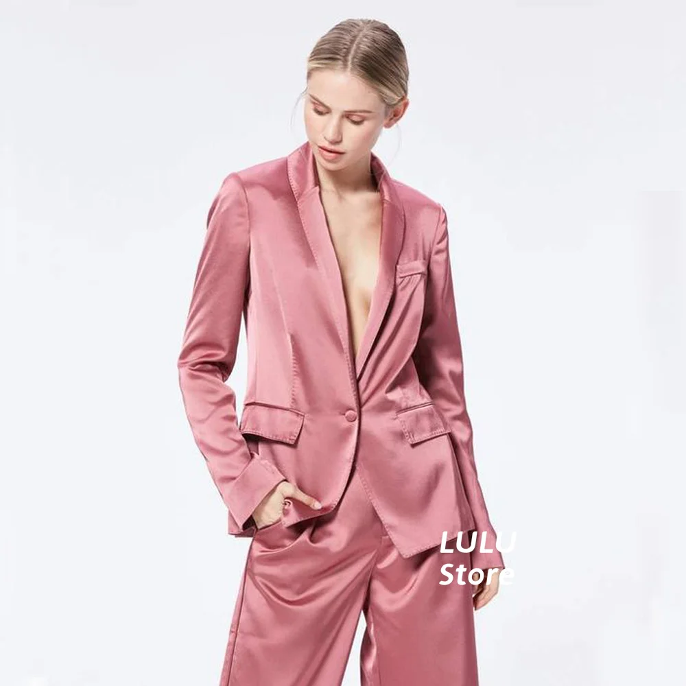 Women Suit Satin Elegant Long Sleeve Shirt Pants Sets Fashion Loose Pink For Party Dinner Prom 2 Piece Vestidos De Fiesta