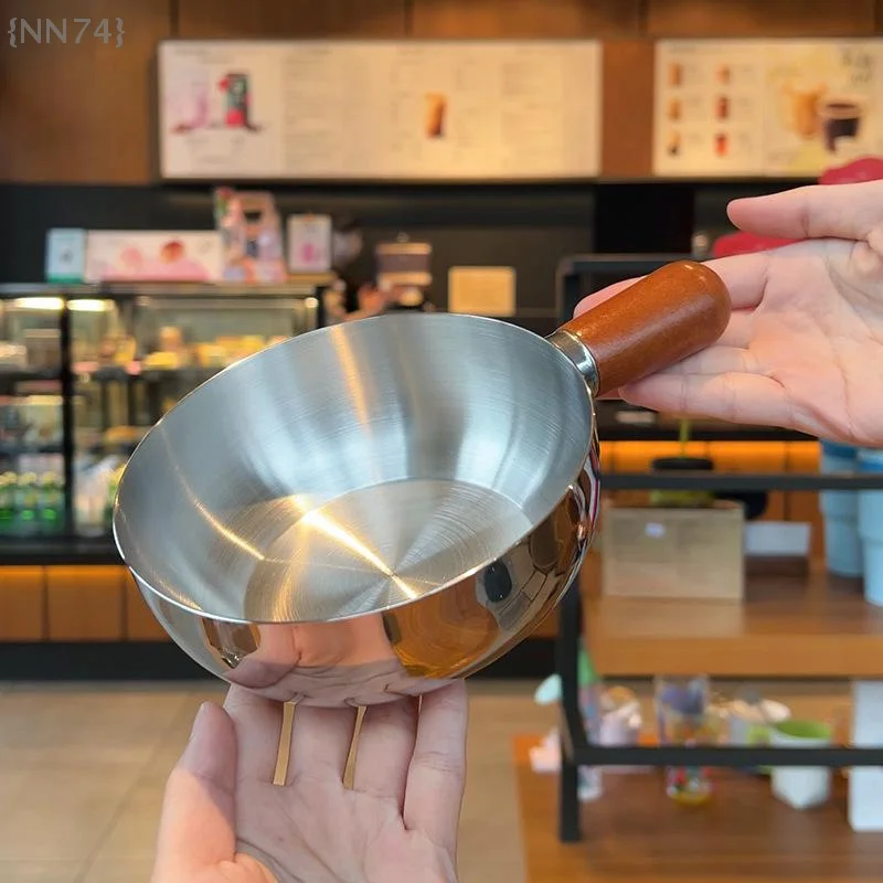 Cuenco de acero inoxidable con mango de madera de nogal de 14 cm de diámetro, adecuado para ensaladas de frutas, yogur, desayuno de restaurante y cocinar