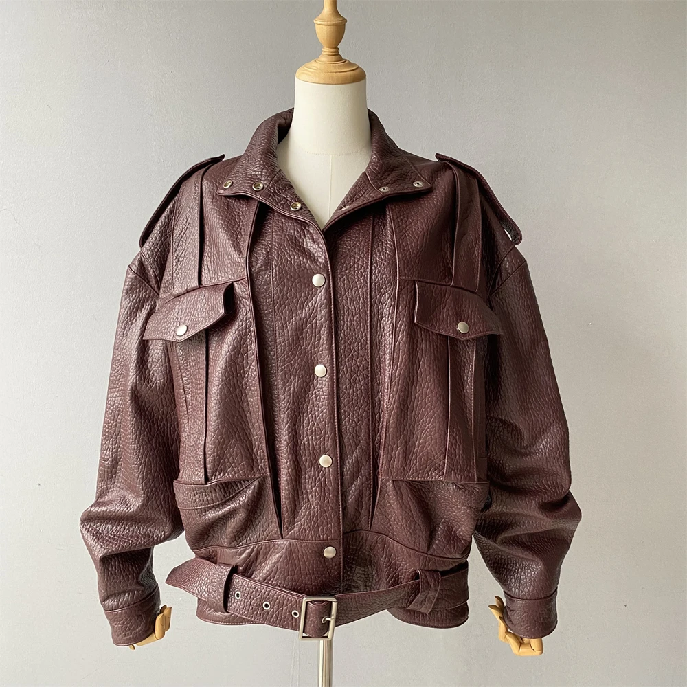 Kurtka damska Jaxmonoy z prawdziwej skóry, damska jesienna modna luźna kurtka skórzana typu bubble z klapami, płaszcz ze skóry owczej, nowość 2025